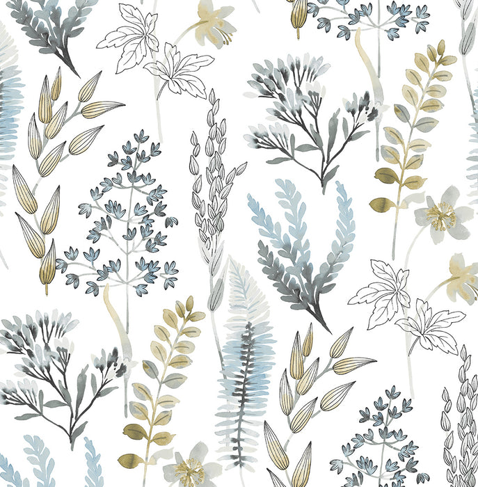 NextWall Wild Garden Glacier Blue & Matte Brass Wallpaper Sample NW45404