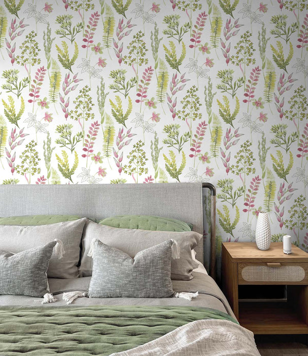 NextWall Wild Garden Lemongrass & Posy Pink Wallpaper Sample NW45407