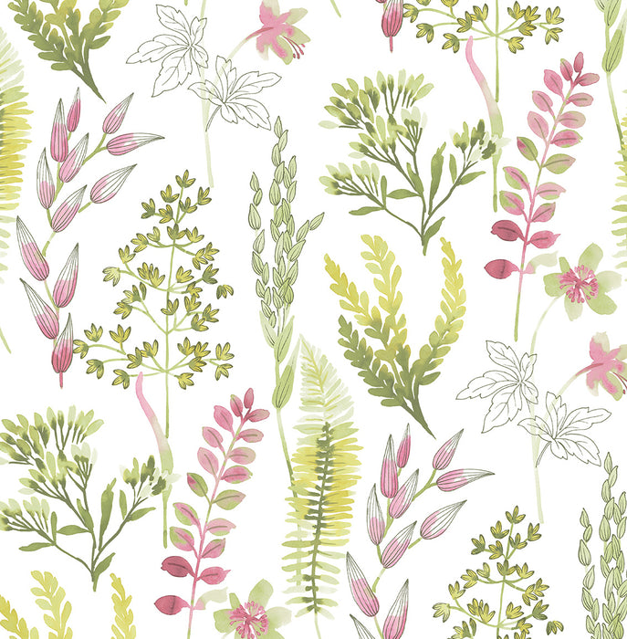 NextWall Wild Garden Lemongrass & Posy Pink Wallpaper Sample NW45407