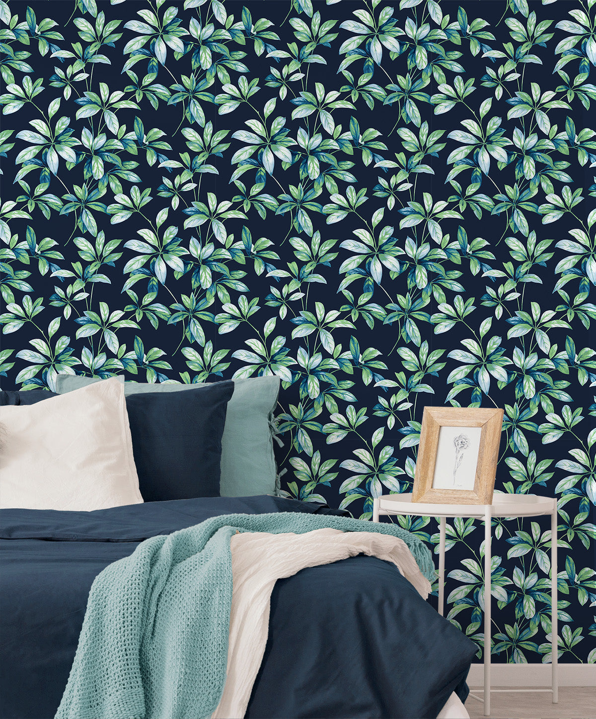 NextWall Leaf Trail Navy & Spearmint Wallpaper NW45612