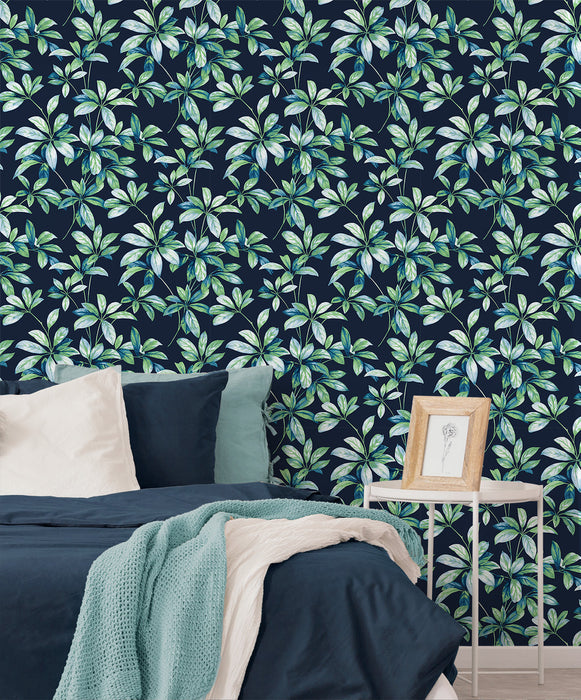 NextWall Leaf Trail Navy & Spearmint Wallpaper Sample NW45612