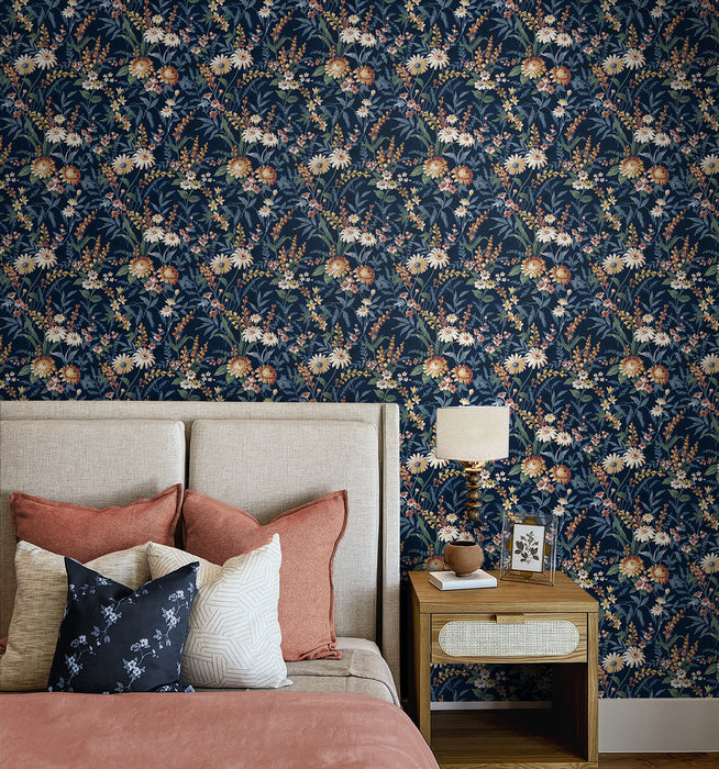 NextWall Vintage Floral Navy Blue Wallpaper Sample NW45702