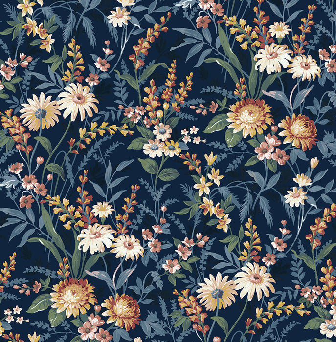 NextWall Vintage Floral Navy Blue Wallpaper Sample NW45702