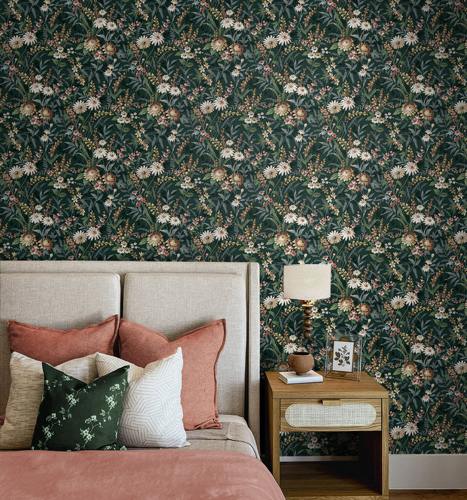 NextWall Vintage Floral Forest Green Wallpaper Sample NW45704