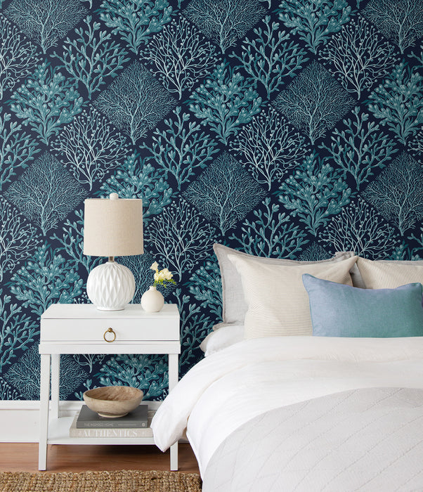 NextWall Seaweed Teal & Navy Blue Wallpaper Sample NW45803