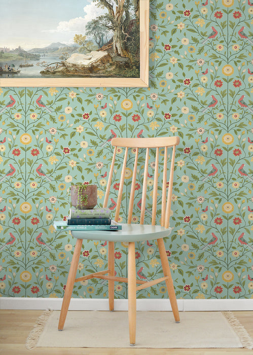 NextWall Bird Toile Aquamarine Wallpaper Sample NW45904