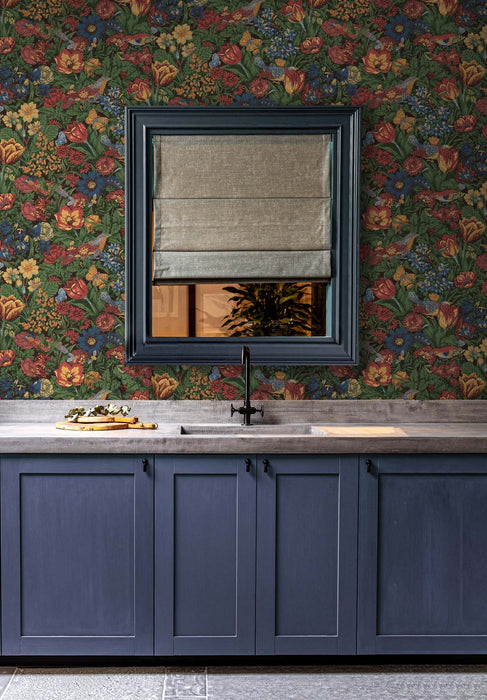 NextWall Bird Floral Carmine & Blue Lagoon Wallpaper Sample NW46001