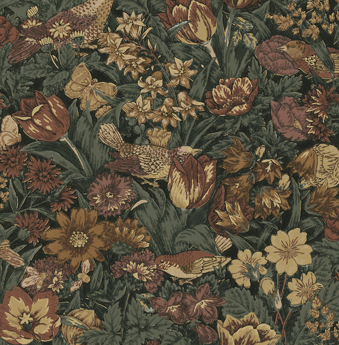 NextWall Bird Floral Mahogany & Graphite Wallpaper Sample NW46008