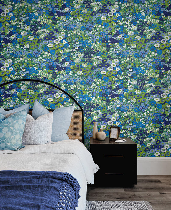 NextWall Floral Meadow Bright Blue & Sap Green Wallpaper Sample NW46102