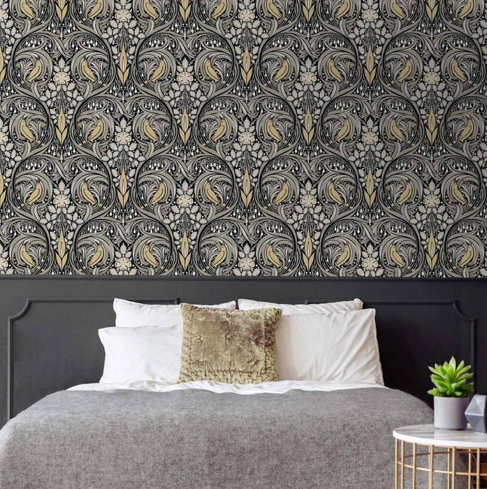 NextWall Bird Ogee Ebony & Sepia Wallpaper Sample NW46200