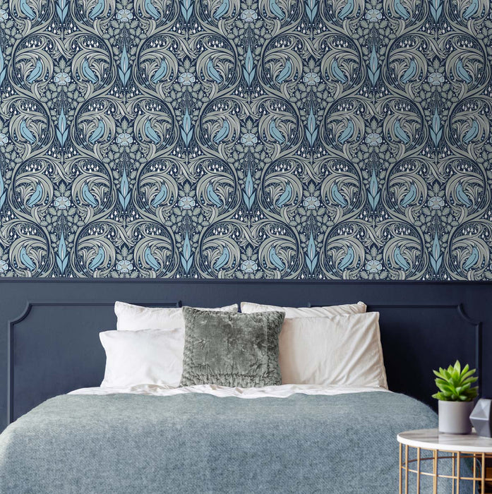 NextWall Bird Ogee Navy & Sky Blue Wallpaper Sample NW46202