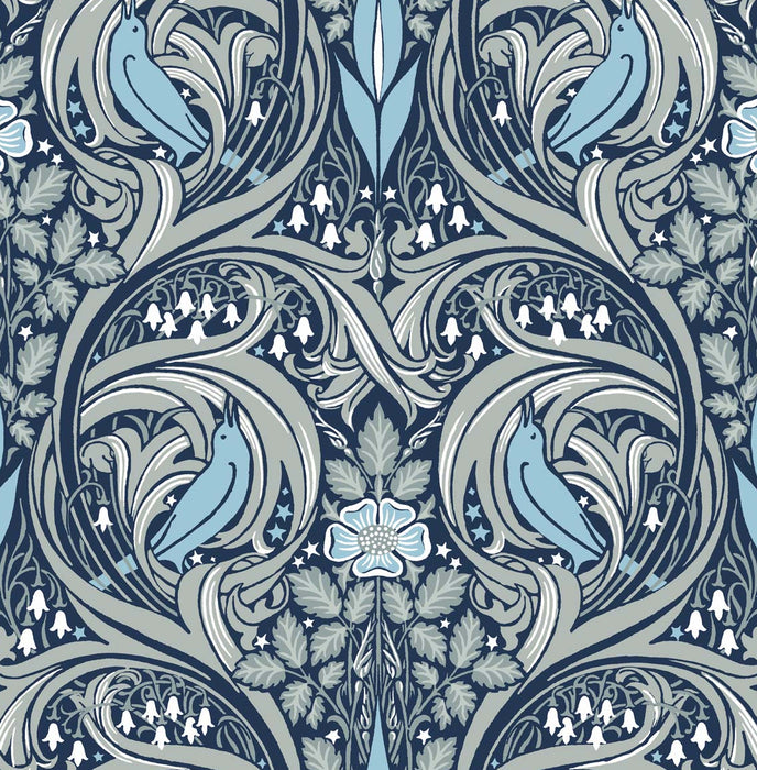 NextWall Bird Ogee Navy & Sky Blue Wallpaper Sample NW46202