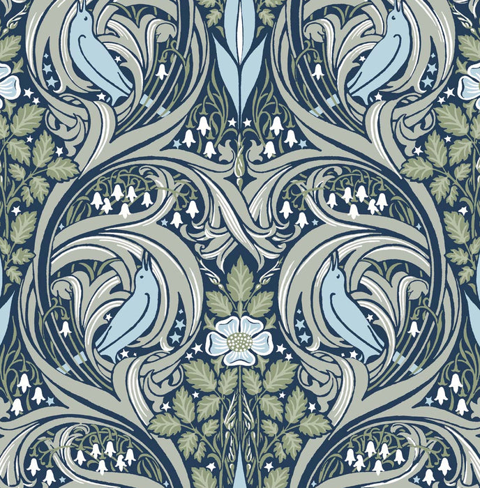 NextWall Bird Ogee Navy & Fern Green Wallpaper Sample NW46204