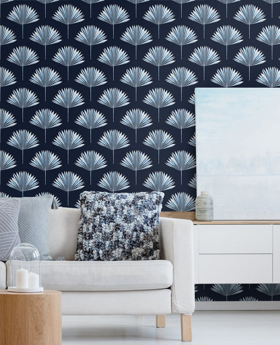 NextWall Tropical Fan Palm Navy Blue Wallpaper Sample NW46502