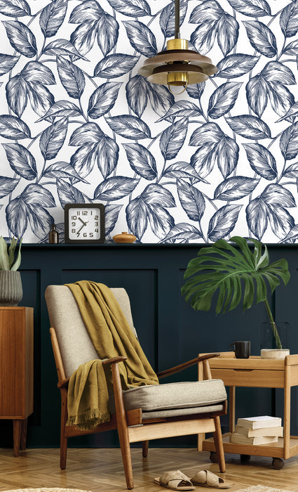 NextWall Sketched Leaves Navy Blue Wallpaper Sample NW46902