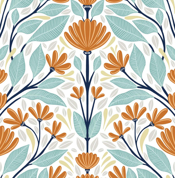 NextWall Folk Floral Verdigris & Orange Wallpaper Sample NW47101