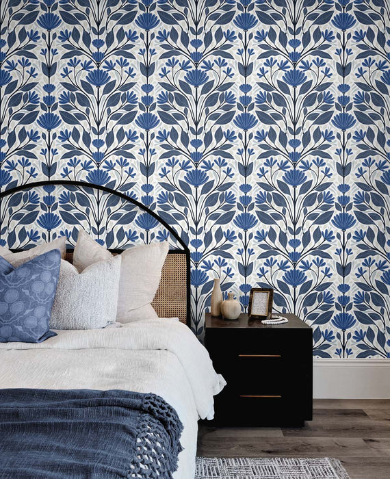 NextWall Folk Floral Blue Sapphire & Pavestone Wallpaper Sample NW47102