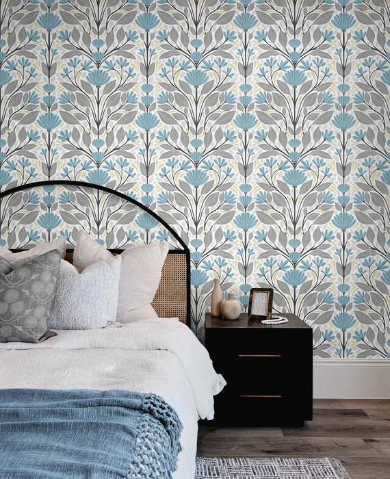 NextWall Folk Floral Blue Patina & Wheat Wallpaper Sample NW47104