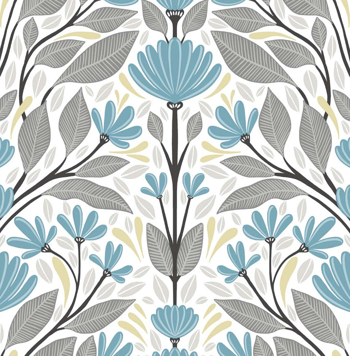 NextWall Folk Floral Blue Patina & Wheat Wallpaper Sample NW47104