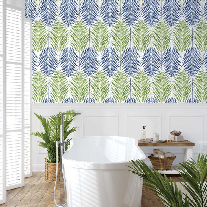 NextWall Two Toned Palm Coastal Blue & Fern Green Wallpaper Sample NW47904