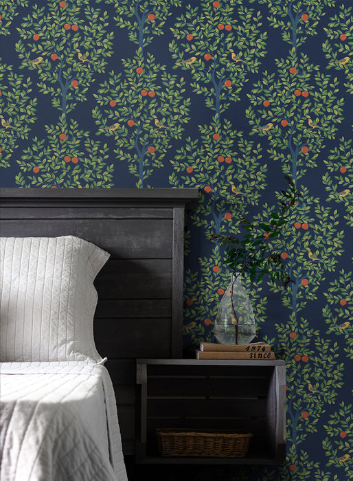 NextWall Fruit Tree Navy Blue & Greenery Wallpaper Sample NW48102