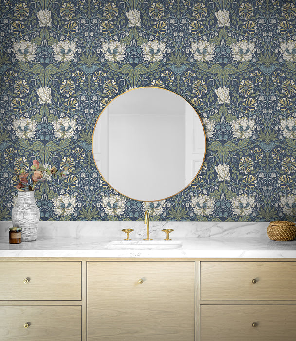 NextWall Ogee Flora Indigo Dye & Sage Wallpaper Sample NW48202