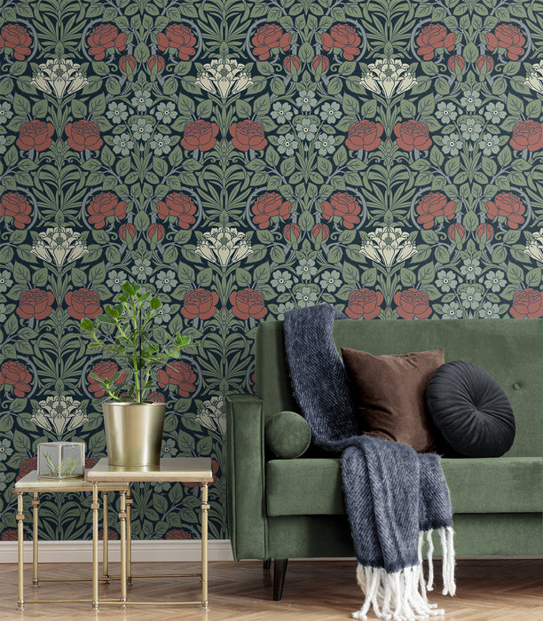 NextWall Vintage Rose Midnight Blue & Sage Wallpaper Sample NW49012