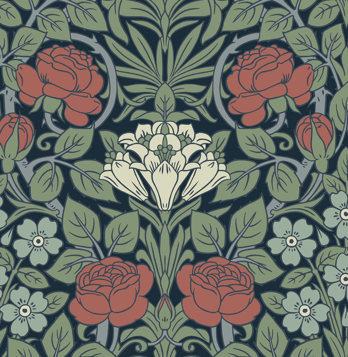 NextWall Vintage Rose Midnight Blue & Sage Wallpaper NW49012