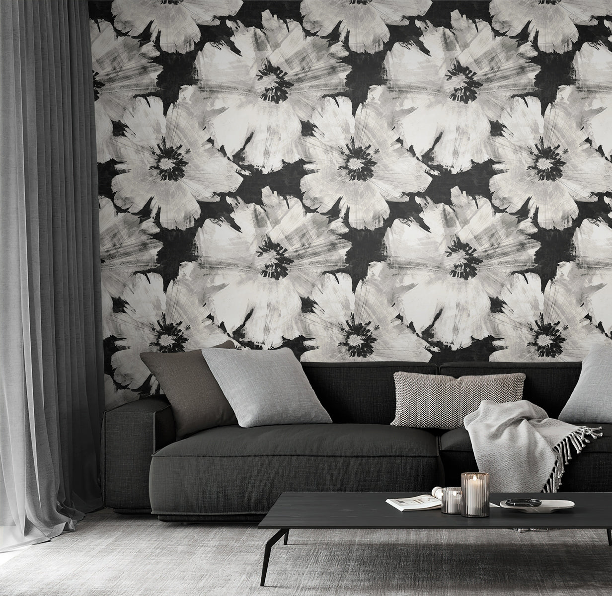 NextWall Graphic Floral Ebony & Champagne Wallpaper NW49200