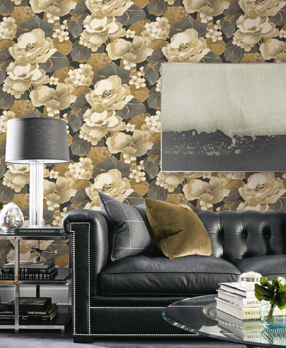 NextWall Nouveau Floral Ebony & Antique Gold Wallpaper Sample NW49600