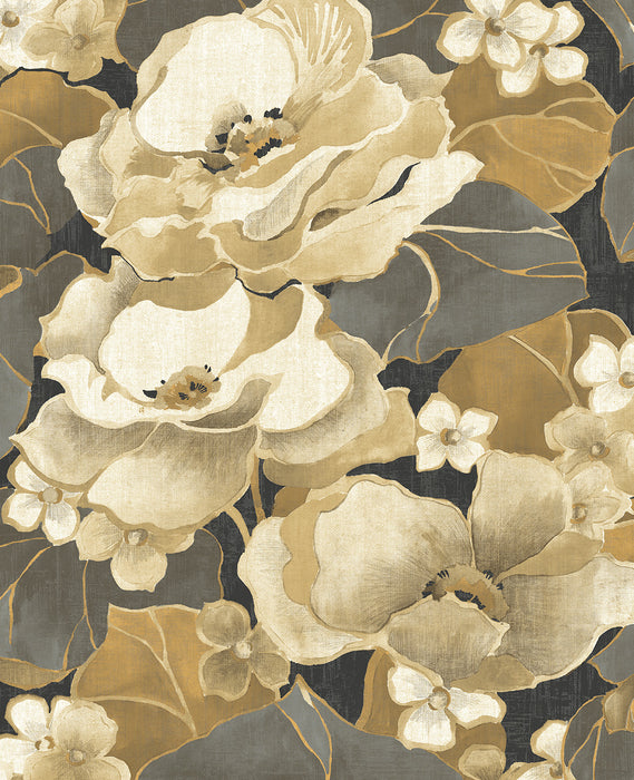 NextWall Nouveau Floral Ebony & Antique Gold Wallpaper Sample NW49600