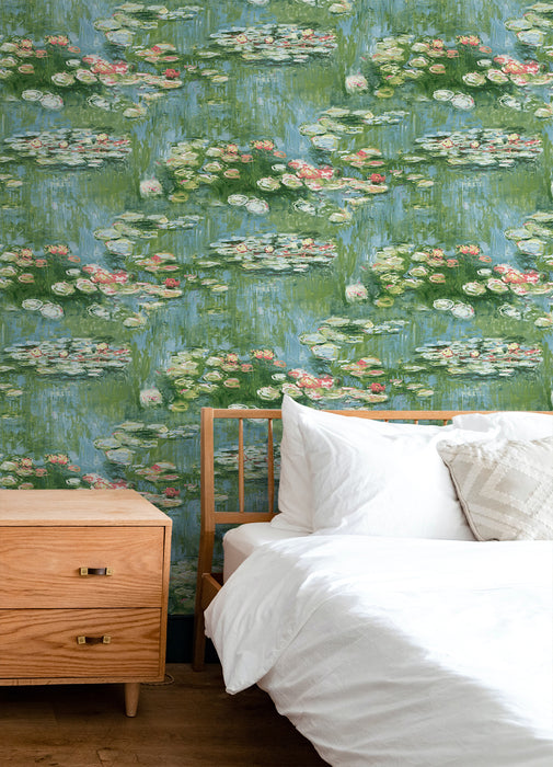 NextWall Lily Pond Olive & Sky Blue Wallpaper Sample NW50002