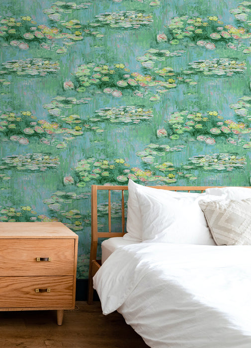 NextWall Lily Pond Hunter Green & Lakeside Wallpaper Sample NW50004