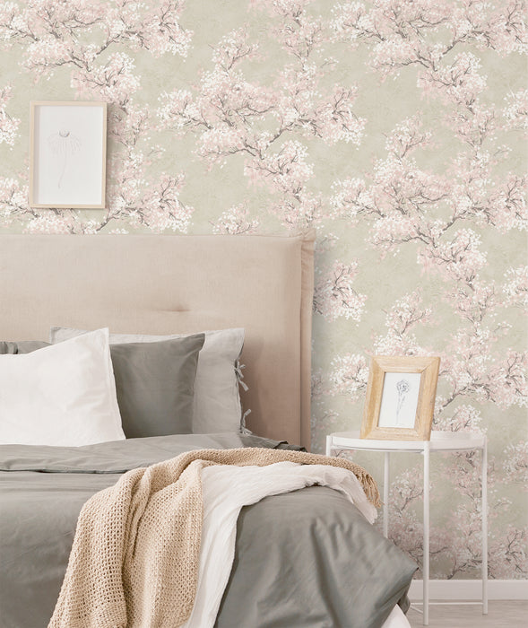 NextWall Cherry Blossom Grove Parchment & Rose Wallpaper Sample NW50101