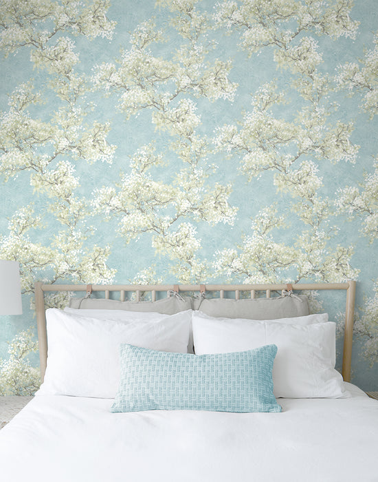 NextWall Cherry Blossom Grove Blue Mist & Green Tea Wallpaper Sample NW50102