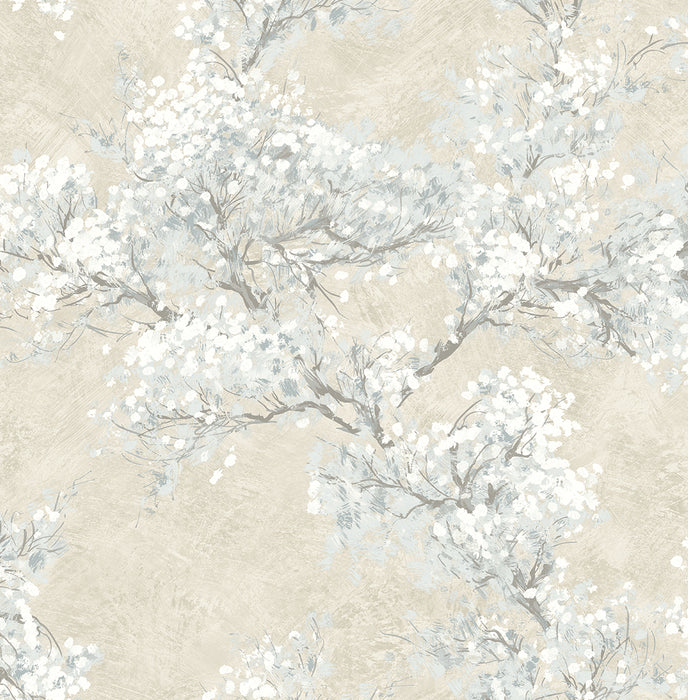 NextWall Cherry Blossom Grove Parchment & Morning Fog Wallpaper Sample NW50105