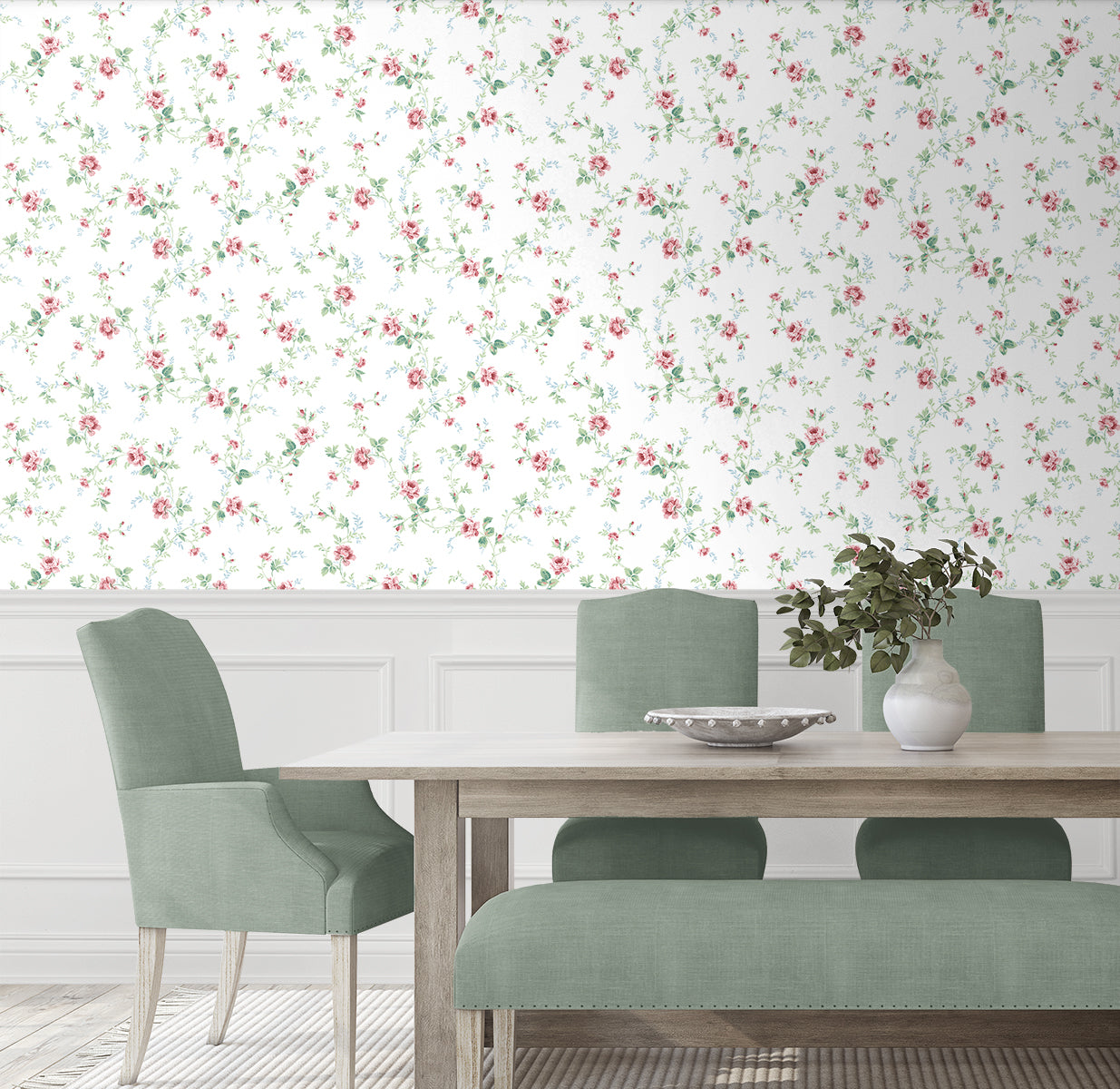 NextWall Blossom Floral Trail Blush & Spearmint Wallpaper NW50401