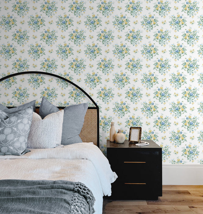 NextWall Floral Bunches Blue Stream & Buttercup Wallpaper Sample NW50502