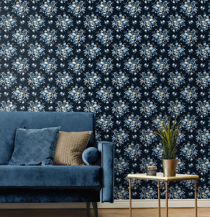 NextWall Floral Bunches Midnight Blue & Toffee Wallpaper NW50512