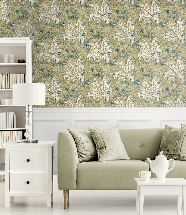 NextWall Floral Folly Juniper & Parchment Wallpaper Sample NW50704