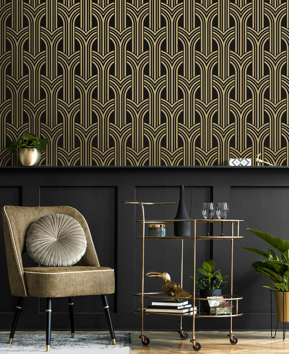 NextWall Deco Geometric Arches Ebony & Metallic Gold Wallpaper Sample NW50900