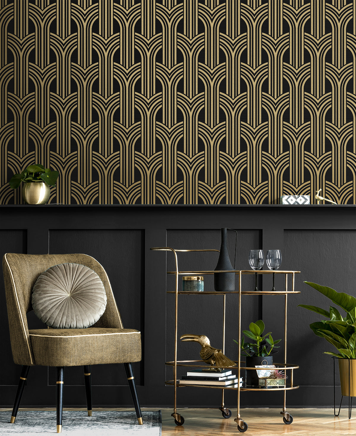 NextWall Deco Geometric Arches Ebony & Metallic Gold Wallpaper NW50900