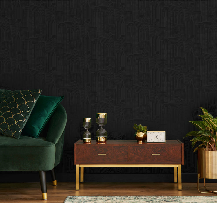 NextWall City Skyline Cosmic Black Wallpaper Sample NW51300