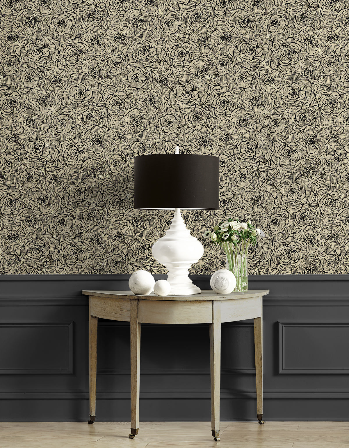 NextWall Ellie Graphic Floral Gold Shimmer & Ebony Wallpaper NW51505