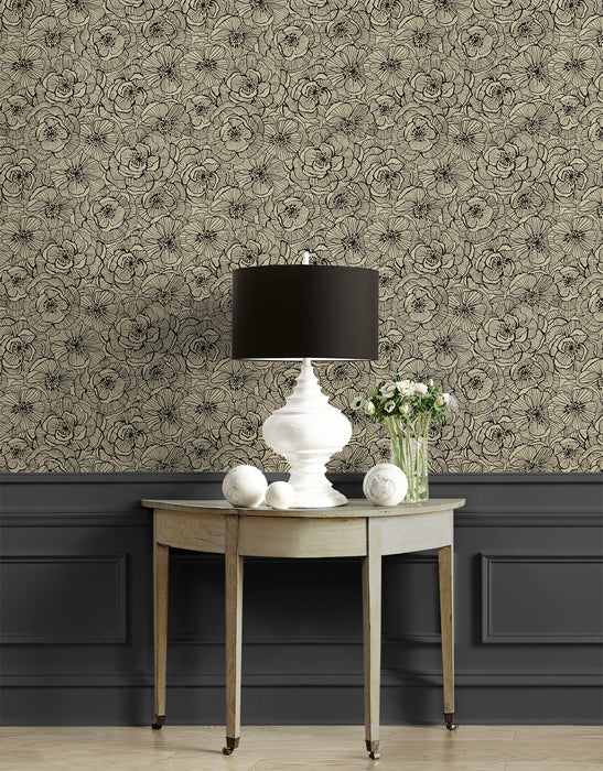 NextWall Ellie Graphic Floral Gold Shimmer & Ebony Wallpaper Sample NW51505