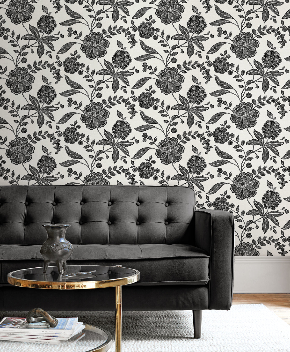 NextWall Julian Jacobean Floral Ebony & Ivory Wallpaper NW51600