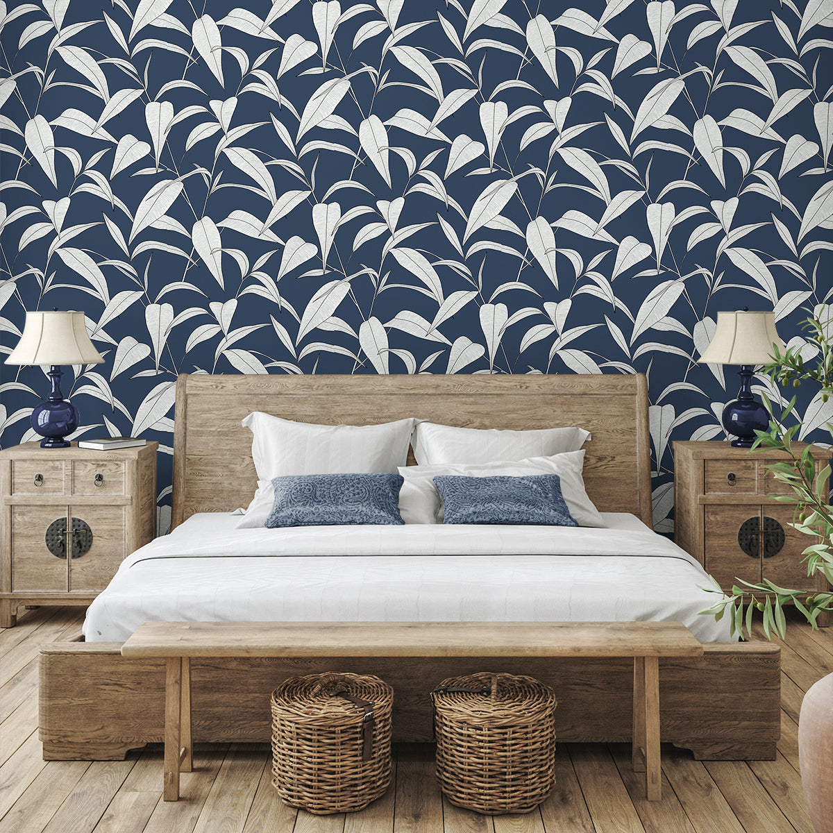 NextWall Pinstripe Leaf Trail Dark Blue Wallpaper NW51802