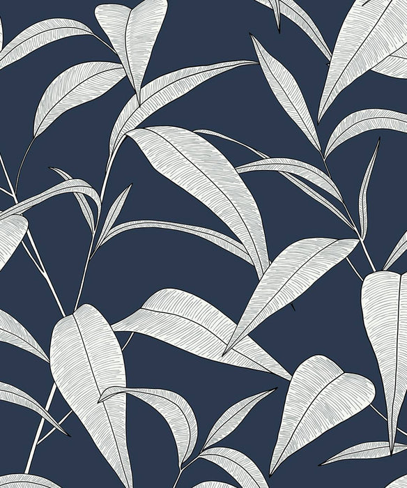 NextWall Pinstripe Leaf Trail Dark Blue Wallpaper NW51802