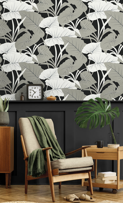 NextWall Elephant Leaves Ebony & Metallic Silver Wallpaper Sample NW52000