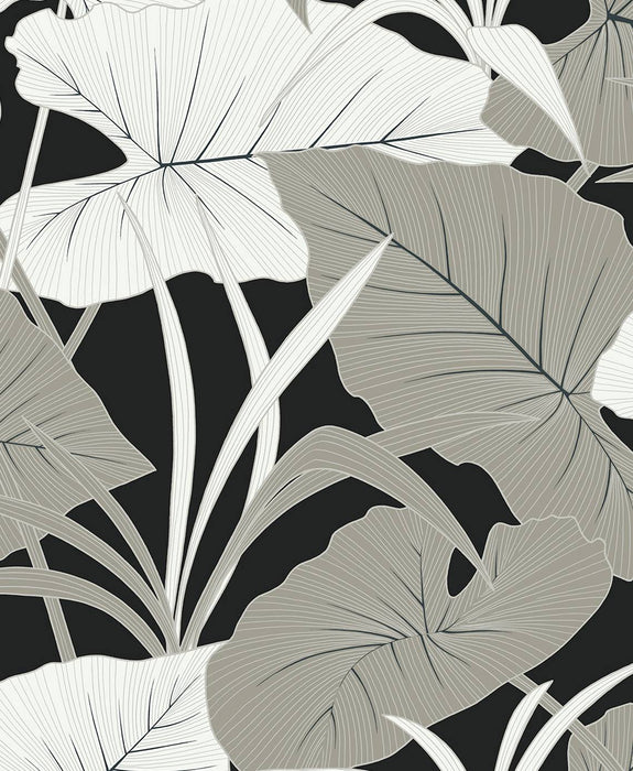 NextWall Elephant Leaves Ebony & Metallic Silver Wallpaper Sample NW52000